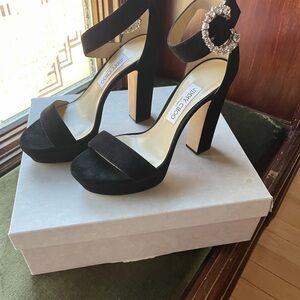 Jimmy Choo Black Suede Heels with Crystal Buckle